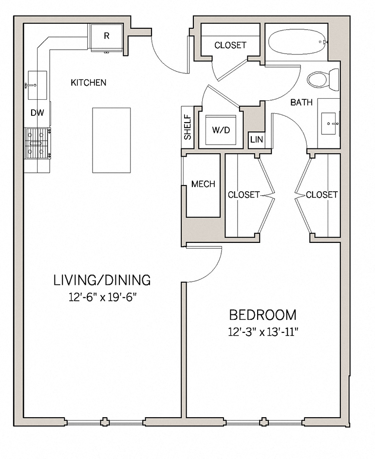 Floor plan for 1 bed, 1 bath, 848 sqft